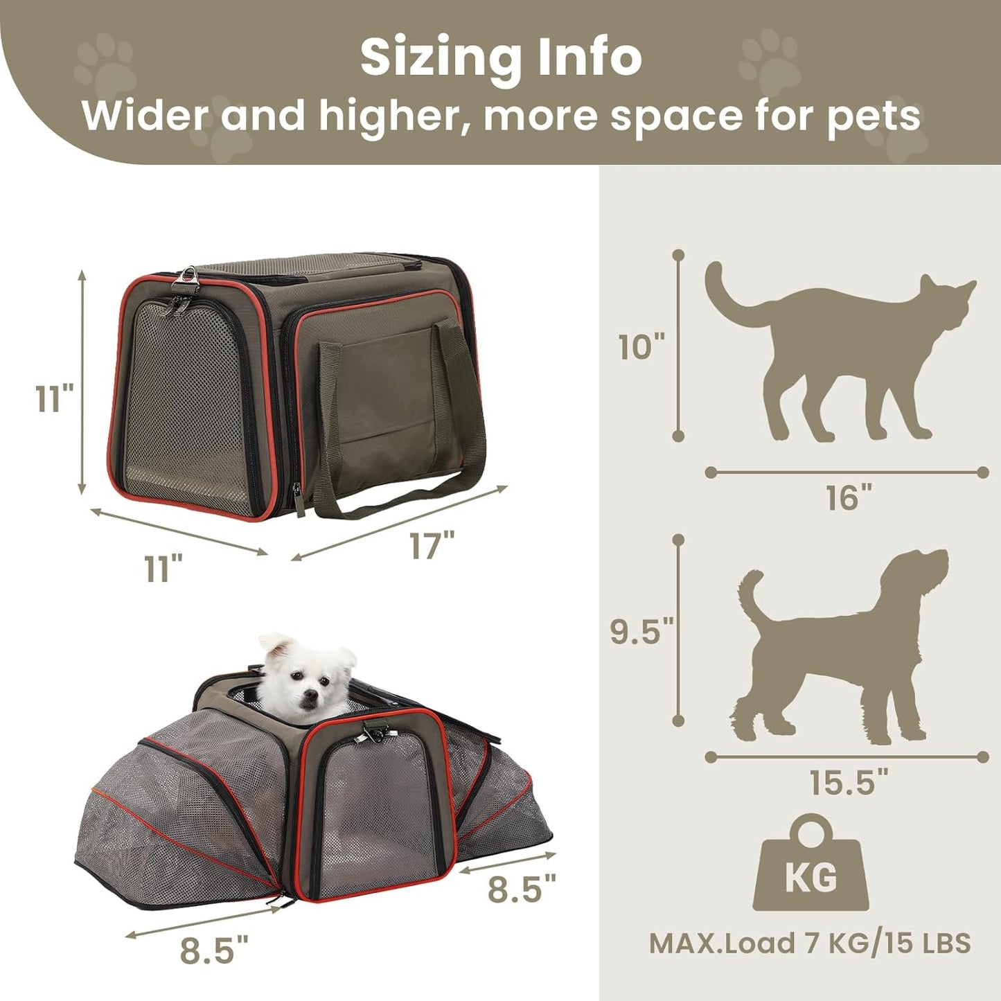 Airline Approved Expandable Large Cat Carrier Small Dog Carrier, 17" X 11" X 11" Collapsible Portable Soft-Sided Airplane Pet Carrier Bag with Two Extension, Fit for Outdoor Use