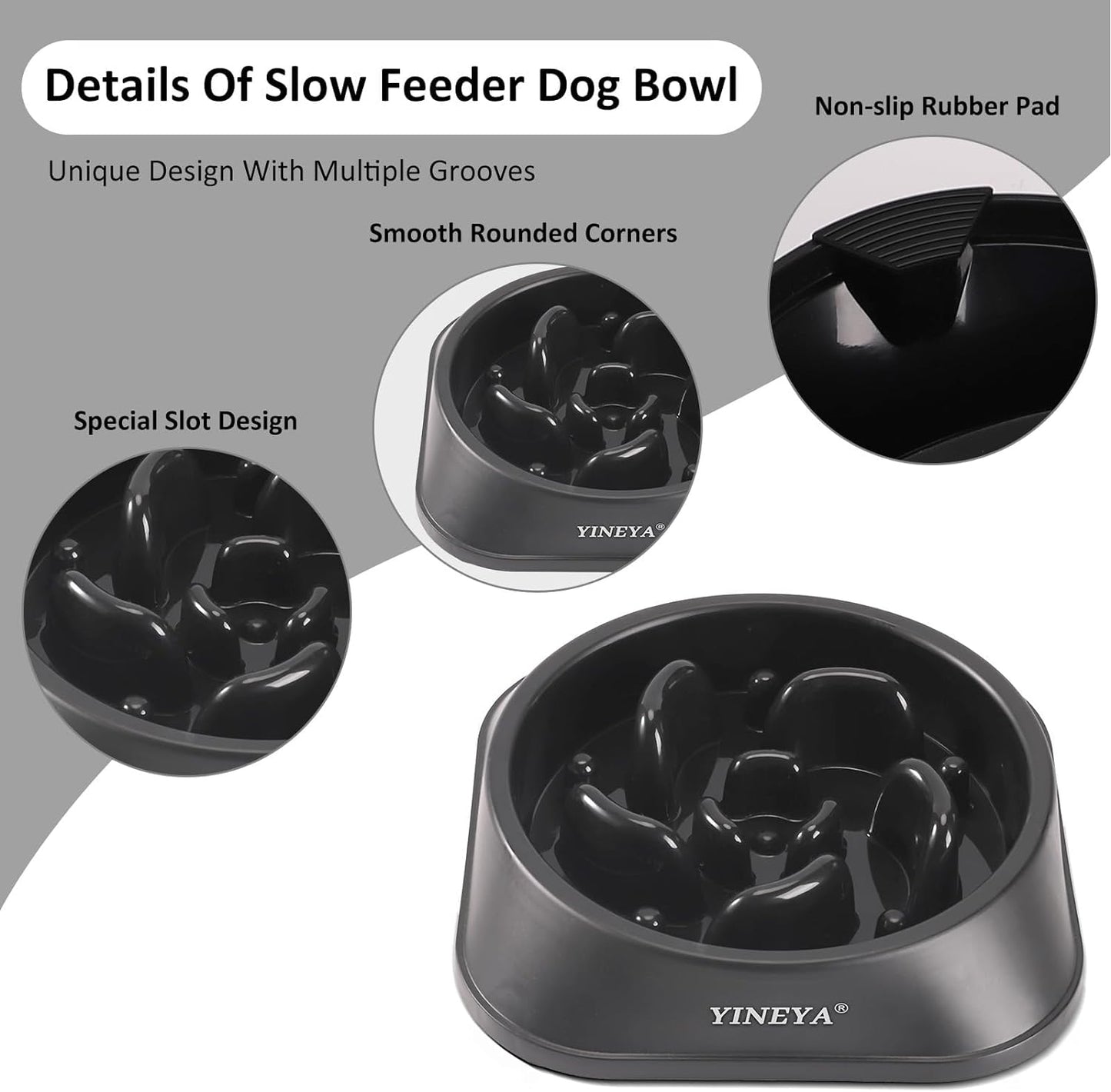 Pet Food Slow Eating Dish Feeder Bowl, Dogs, Cats, Interactive, 1~2 Cups (Black)