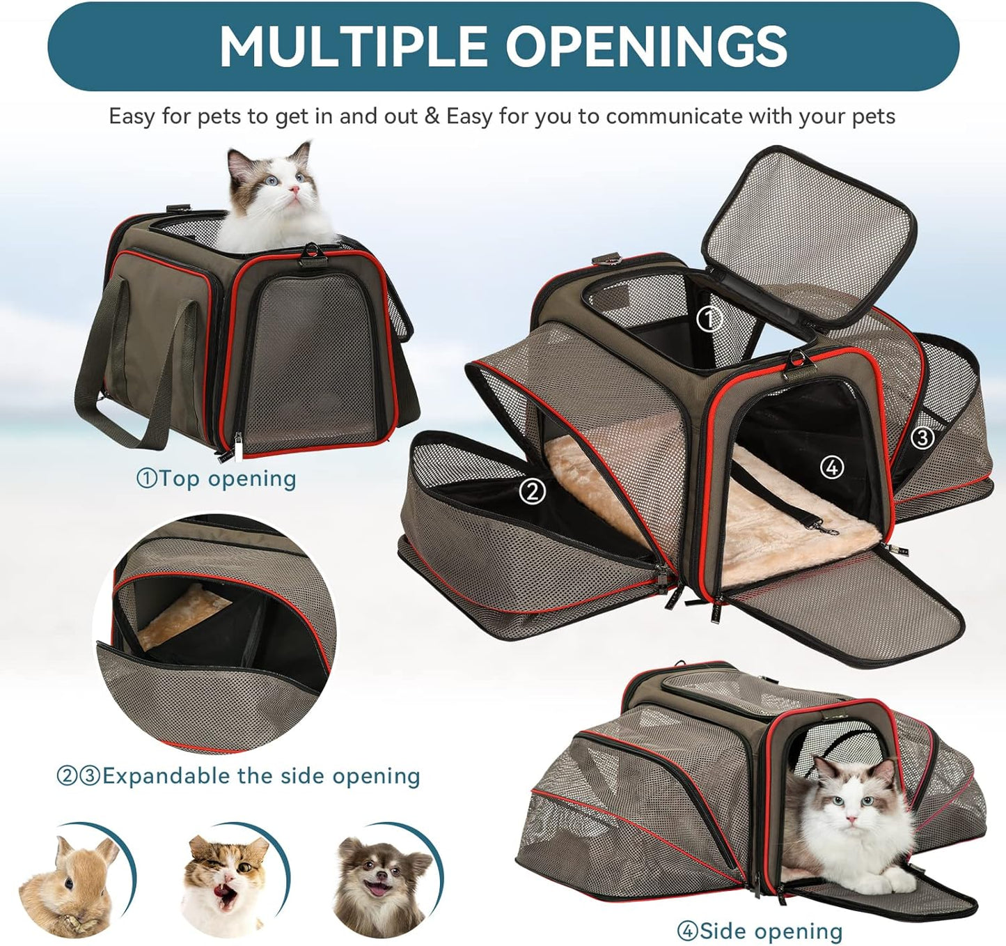 Airline Approved Expandable Large Cat Carrier Small Dog Carrier, 17" X 11" X 11" Collapsible Portable Soft-Sided Airplane Pet Carrier Bag with Two Extension, Fit for Outdoor Use