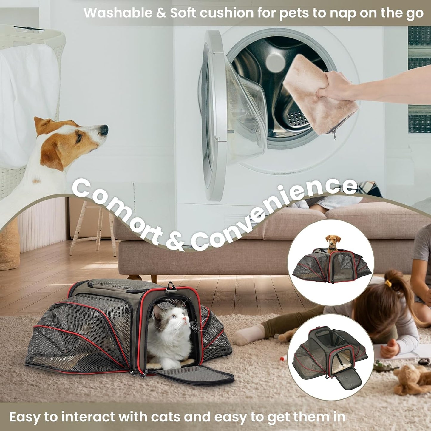 Airline Approved Expandable Large Cat Carrier Small Dog Carrier, 17" X 11" X 11" Collapsible Portable Soft-Sided Airplane Pet Carrier Bag with Two Extension, Fit for Outdoor Use