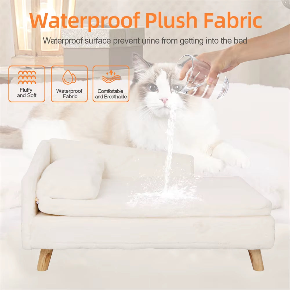 Luxury Elevated Dog Sofa Bed with Backrest Plush Cushion Wooden Legs Raised Dog Bed Lounger Chair for Small Medium Dog Cat Chair