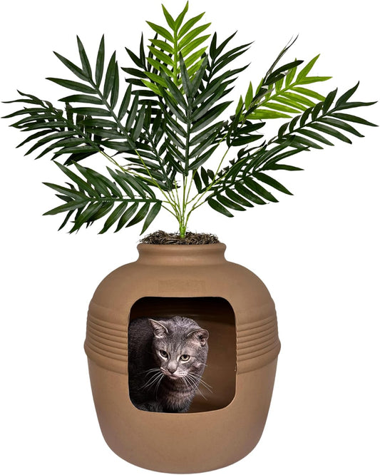 Hidden Litter Box Base Kit, round Enclosed Cat Planter Furniture with Fake Plant, Hooded Vented Carbon Filter System for Odor Control, Easy to Clean, Made in USA, Mocha Brown